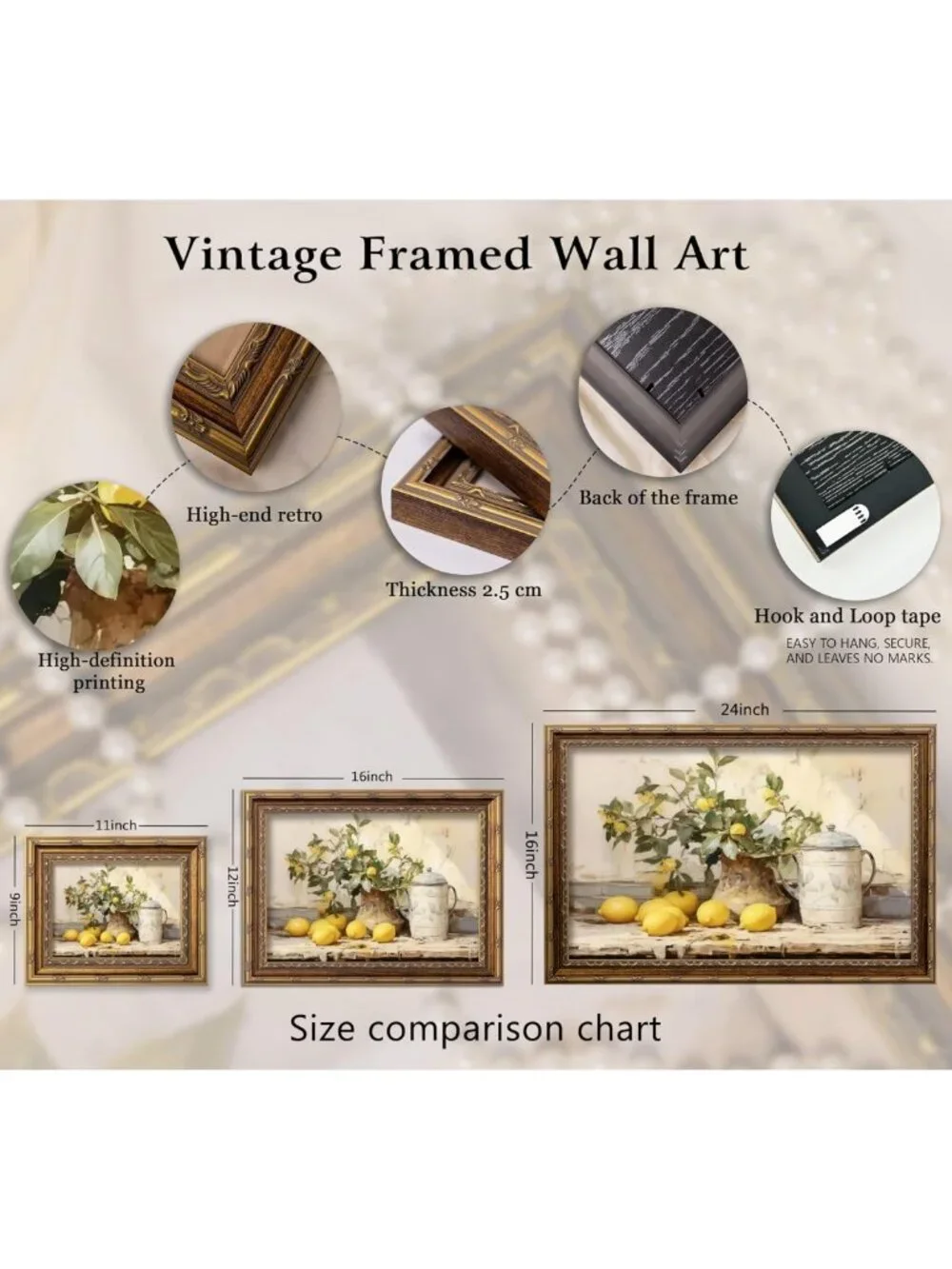 Rustic Vintage Gold Framed Lemon Canvas Wall Art - Farmhouse Kitchen Decor